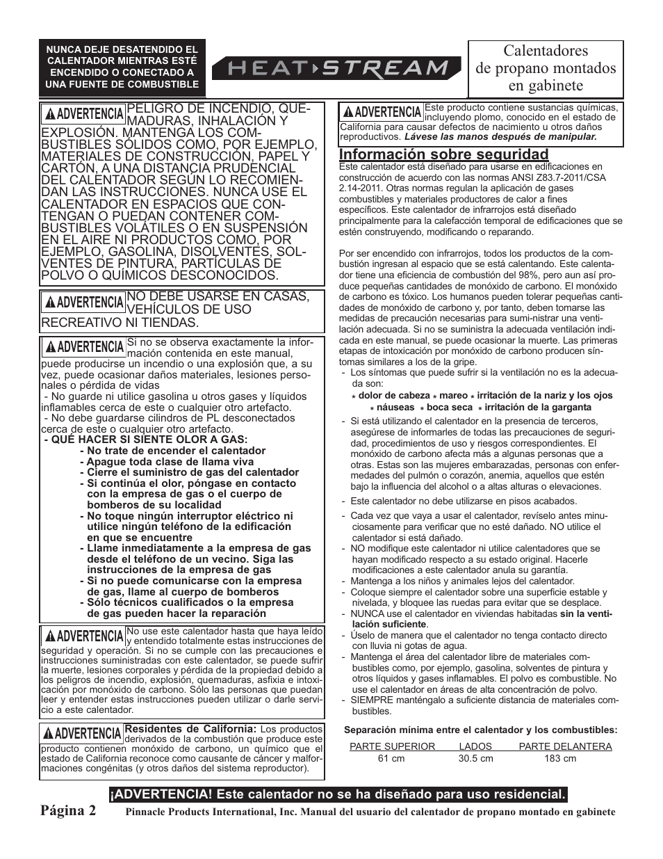 Calentadores de propano montados en gabinete, Advertencia, Página 2 | Información sobre seguridad | HeatStream HS-18-PCH-A User Manual | Page 10 / 24