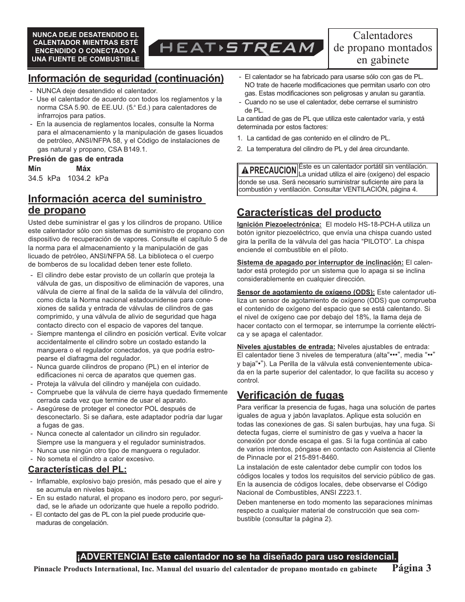 Calentadores de propano montados en gabinete, Información de seguridad (continuación), Información acerca del suministro de propano | Características del producto, Verificación de fugas, Página 3, Precaucion | HeatStream HS-18-PCH-A User Manual | Page 11 / 24