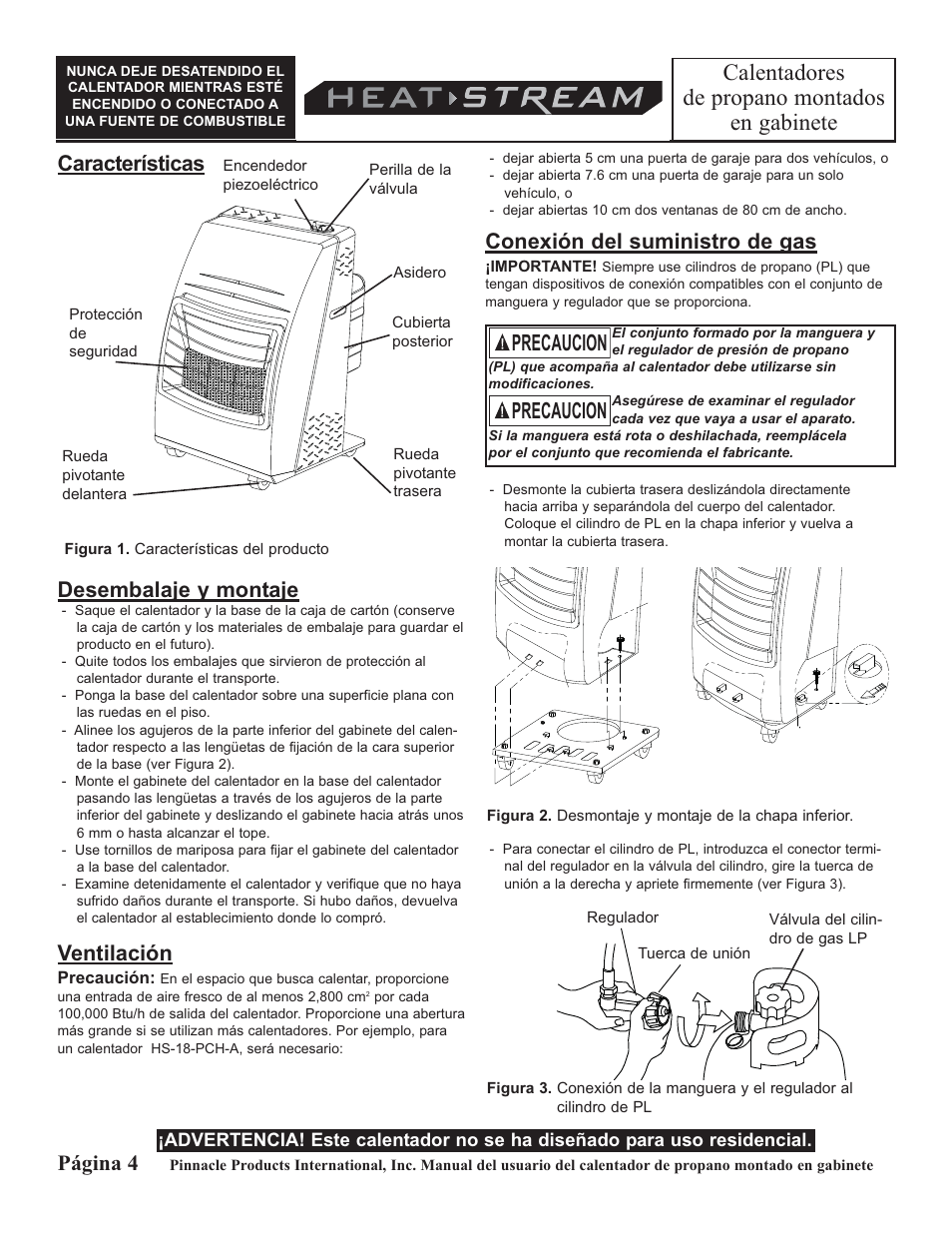 Calentadores de propano montados en gabinete, Precaucion, Desembalaje y montaje | Ventilación, Conexión del suministro de gas, Página 4, Características | HeatStream HS-18-PCH-A User Manual | Page 12 / 24