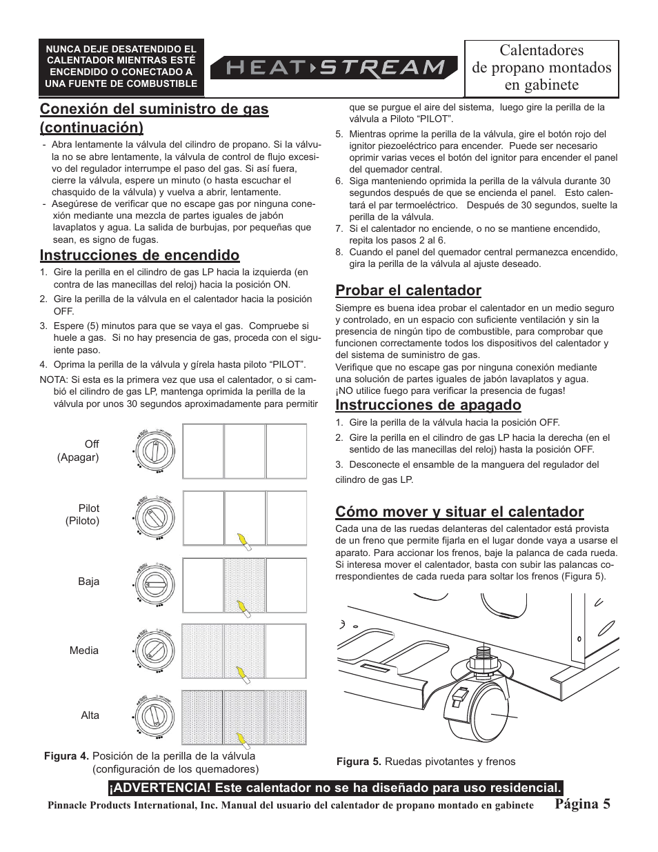 Calentadores de propano montados en gabinete, Conexión del suministro de gas (continuación), Instrucciones de encendido | Probar el calentador, Instrucciones de apagado, Cómo mover y situar el calentador, Página 5 | HeatStream HS-18-PCH-A User Manual | Page 13 / 24