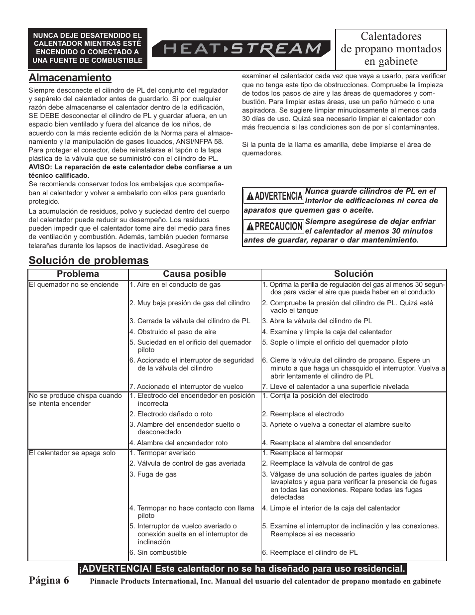 Calentadores de propano montados en gabinete, Precaucion advertencia, Almacenamiento | Página 6, Solución de problemas | HeatStream HS-18-PCH-A User Manual | Page 14 / 24