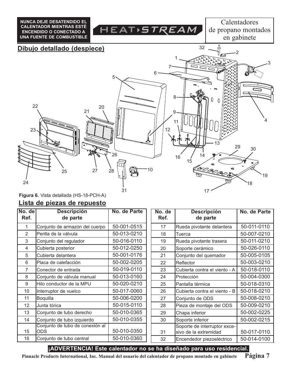 Calentadores de propano montados en gabinete, Página 7, Dibujo detallado (despiece) | Lista de piezas de repuesto | HeatStream HS-18-PCH-A User Manual | Page 15 / 24