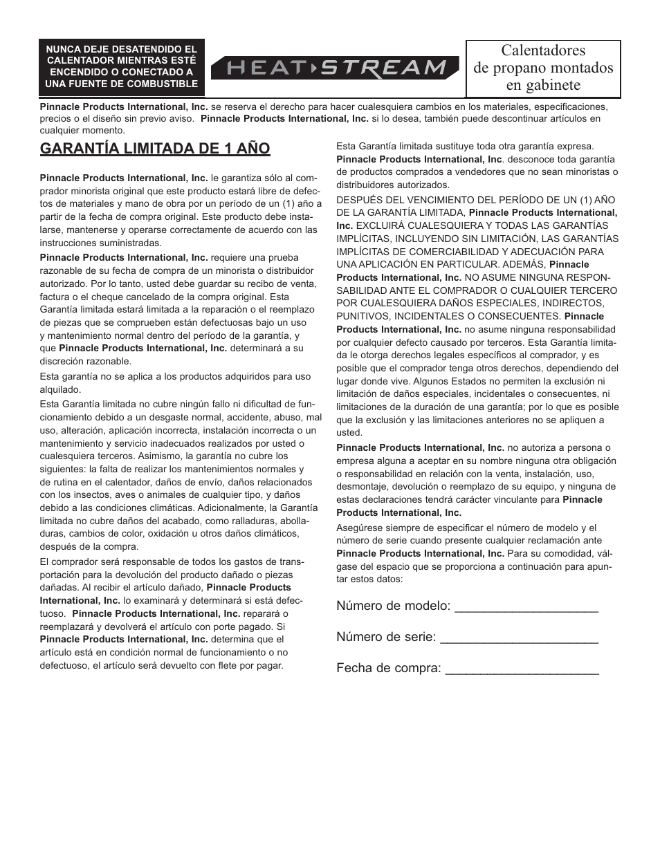 Calentadores de propano montados en gabinete, Garantía limitada de 1 año | HeatStream HS-18-PCH-A User Manual | Page 16 / 24