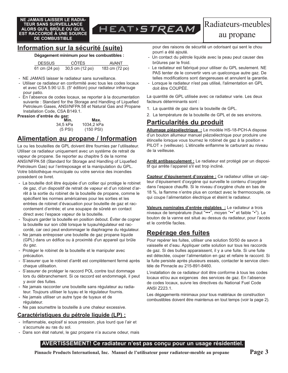 Radiateurs-meubles au propane, Information sur la sécurité (suite), Alimentation au propane / information | Particularités du produit, Repérage des fuites, Page 3 | HeatStream HS-18-PCH-A User Manual | Page 19 / 24