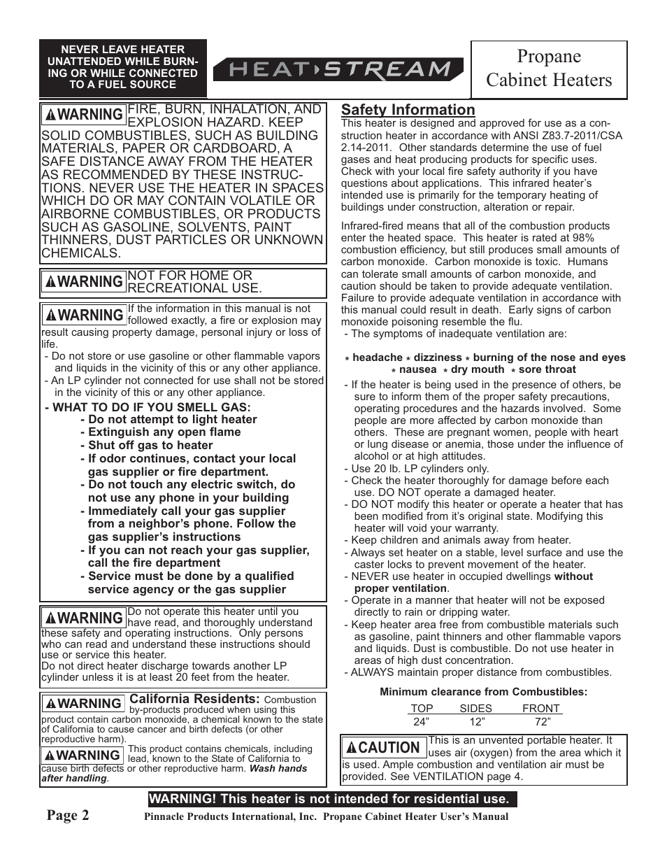 Propane cabinet heaters, Warning, Caution | Page 2, Safety information | HeatStream HS-18-PCH-A User Manual | Page 2 / 24