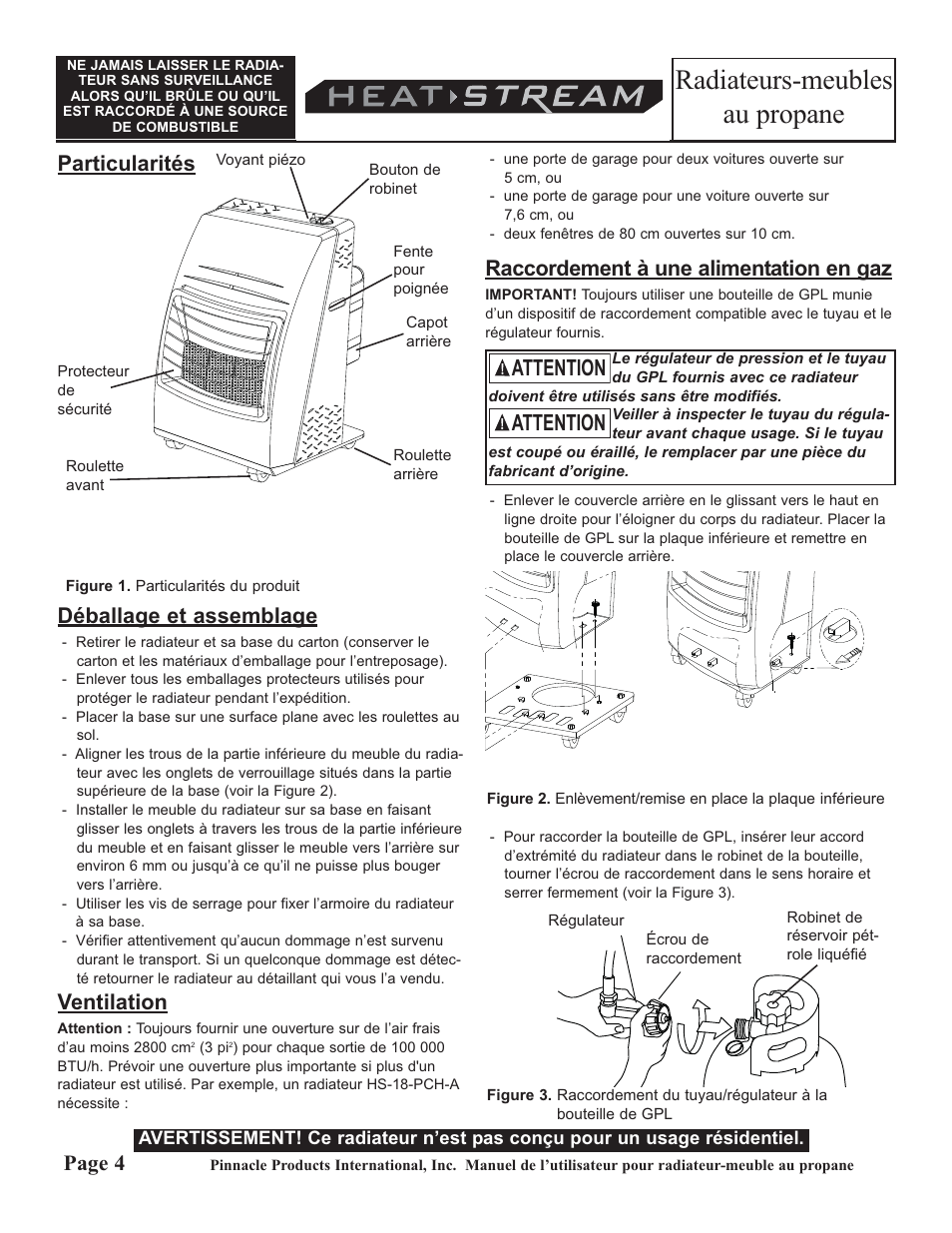 Radiateurs-meubles au propane, Attention, Déballage et assemblage | Ventilation, Raccordement à une alimentation en gaz, Page 4, Particularités | HeatStream HS-18-PCH-A User Manual | Page 20 / 24