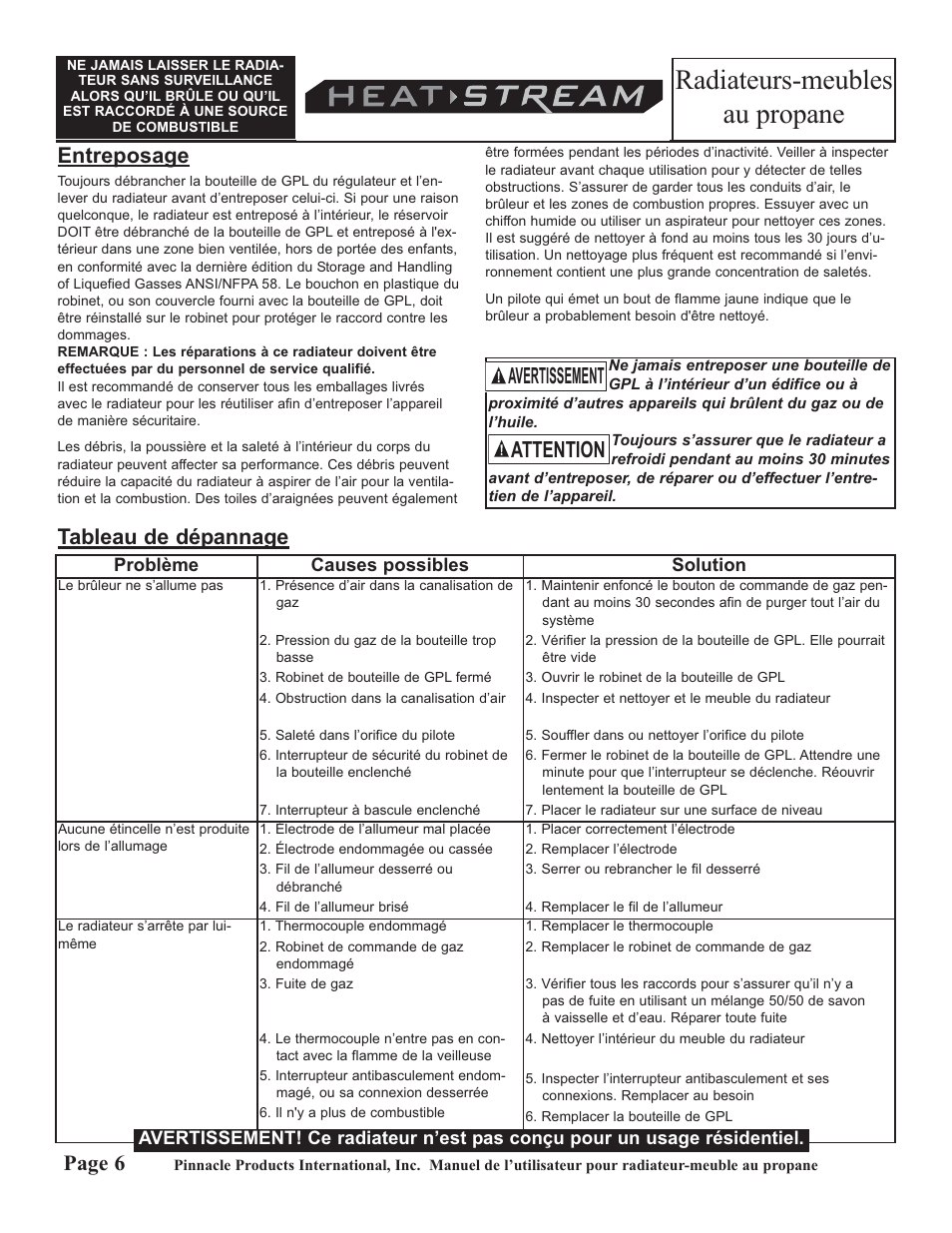 Radiateurs-meubles au propane, Attention avertissement, Entreposage | Page 6, Tableau de dépannage | HeatStream HS-18-PCH-A User Manual | Page 22 / 24