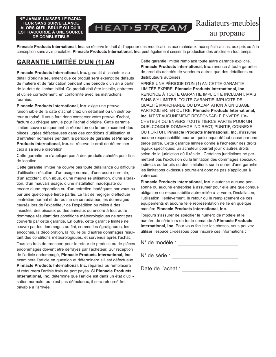 Radiateurs-meubles au propane, Garantie limitée d’un (1) an | HeatStream HS-18-PCH-A User Manual | Page 24 / 24