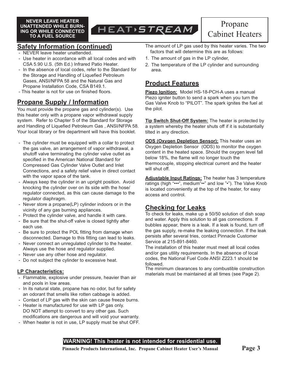 Propane cabinet heaters, Safety information (continued), Propane supply / information | Product features, Checking for leaks, Page 3 | HeatStream HS-18-PCH-A User Manual | Page 3 / 24