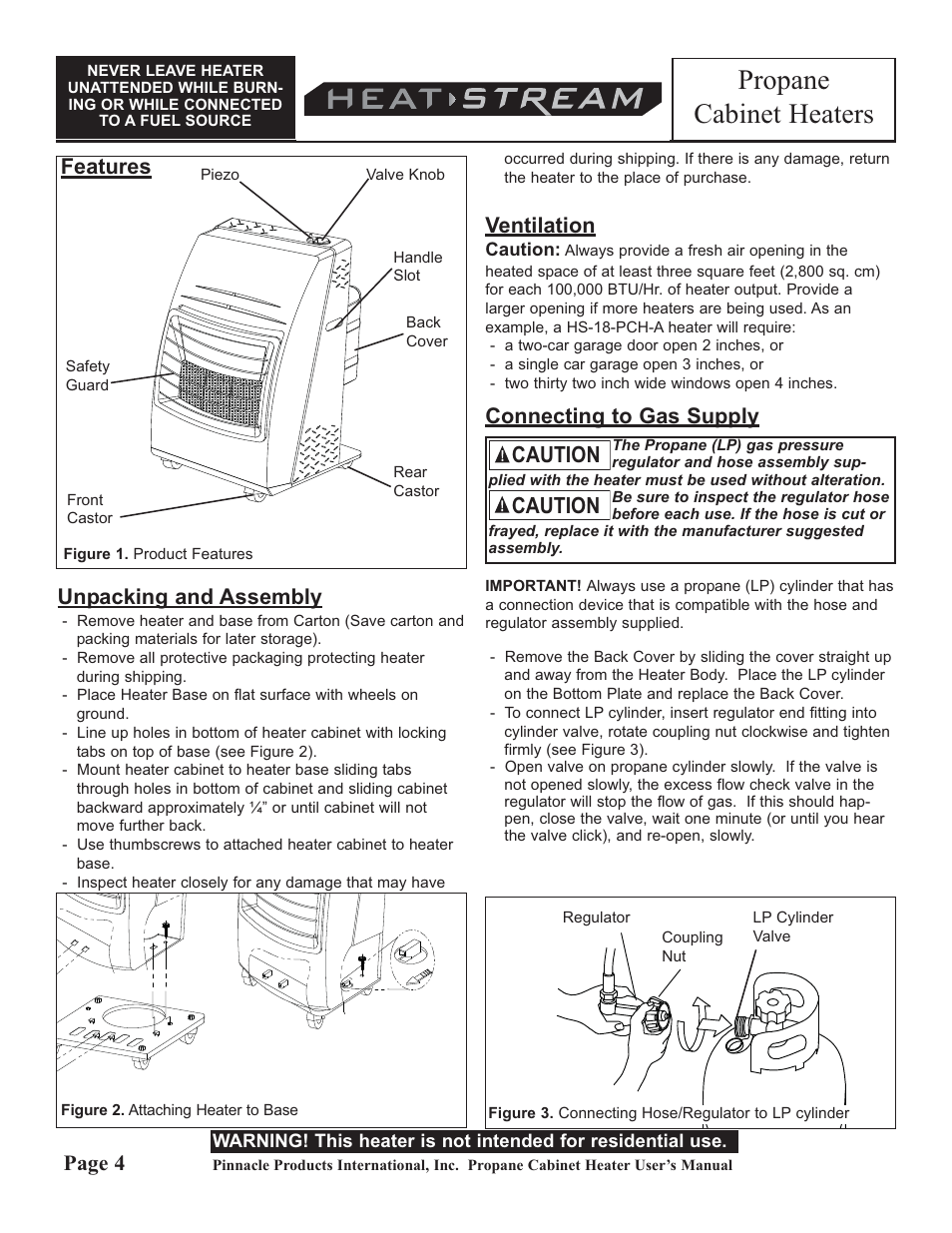 Propane cabinet heaters, Caution, Unpacking and assembly | Ventilation, Connecting to gas supply, Page 4, Features | HeatStream HS-18-PCH-A User Manual | Page 4 / 24