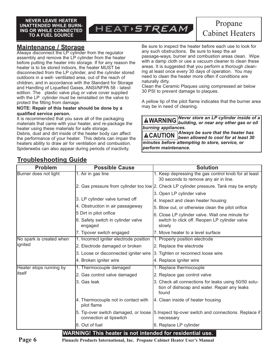 Propane cabinet heaters, Caution warning, Maintenance / storage | Page 6, Troubleshooting guide | HeatStream HS-18-PCH-A User Manual | Page 6 / 24