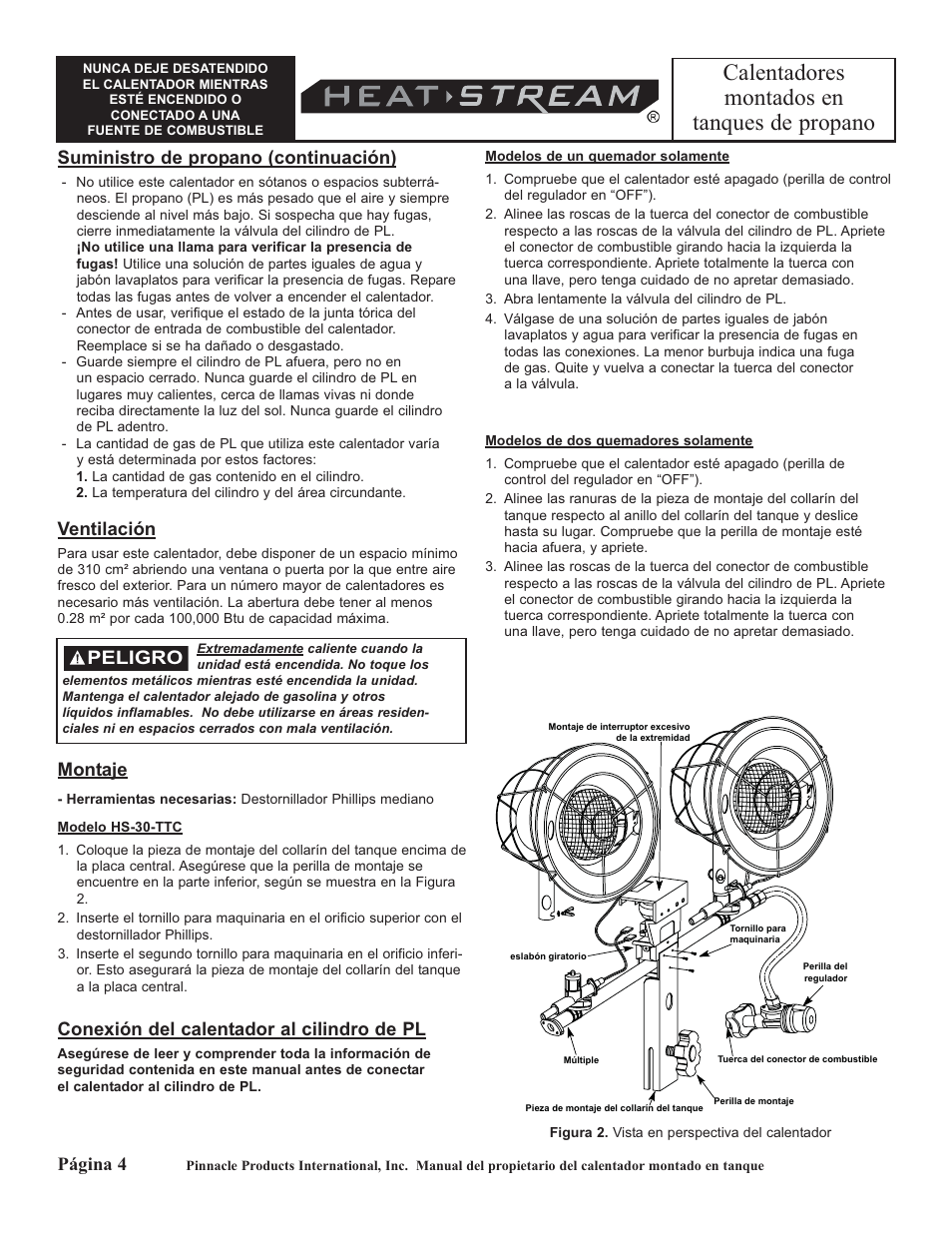 Calentadores montados en tanques de propano, Suministro de propano (continuación), Ventilación | Montaje, Conexión del calentador al cilindro de pl, Página 4, Peligro | HeatStream HS-30-TTC User Manual | Page 12 / 24