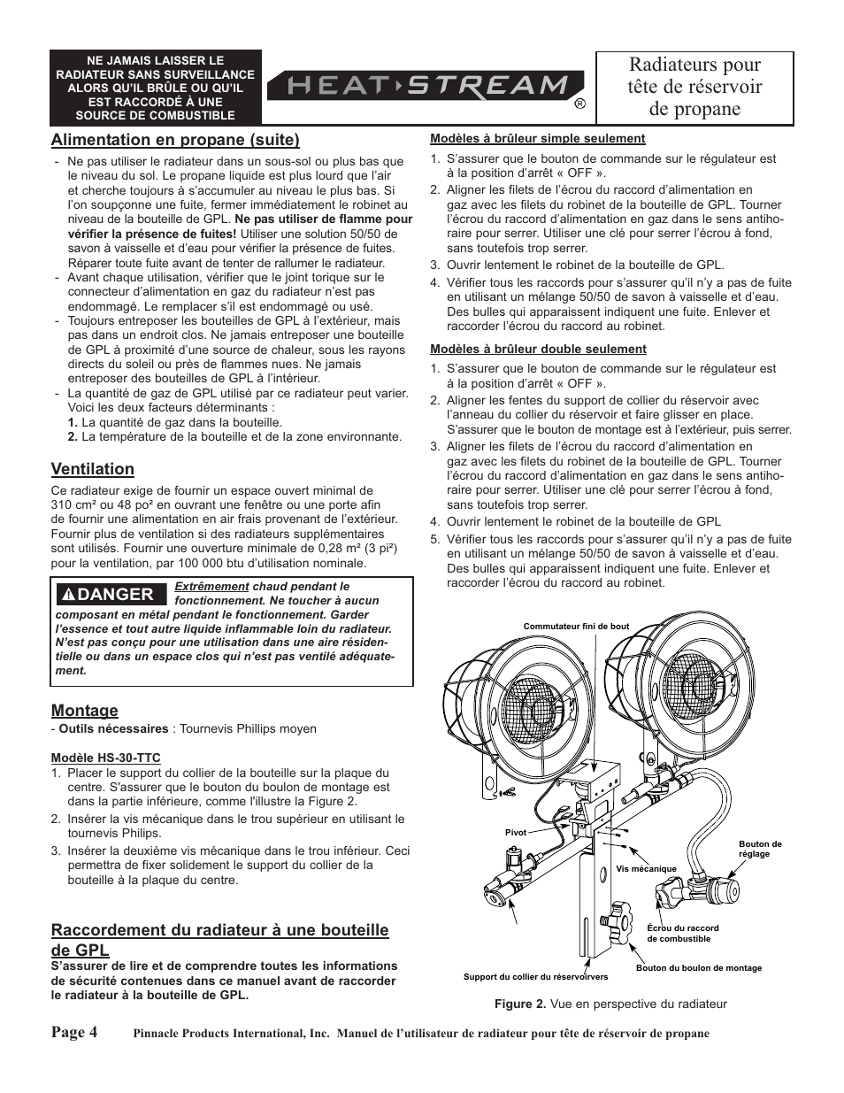 Radiateurs pour tête de réservoir de propane, Alimentation en propane (suite), Ventilation | Montage, Raccordement du radiateur à une bouteille de gpl, Page 4, Danger | HeatStream HS-30-TTC User Manual | Page 20 / 24