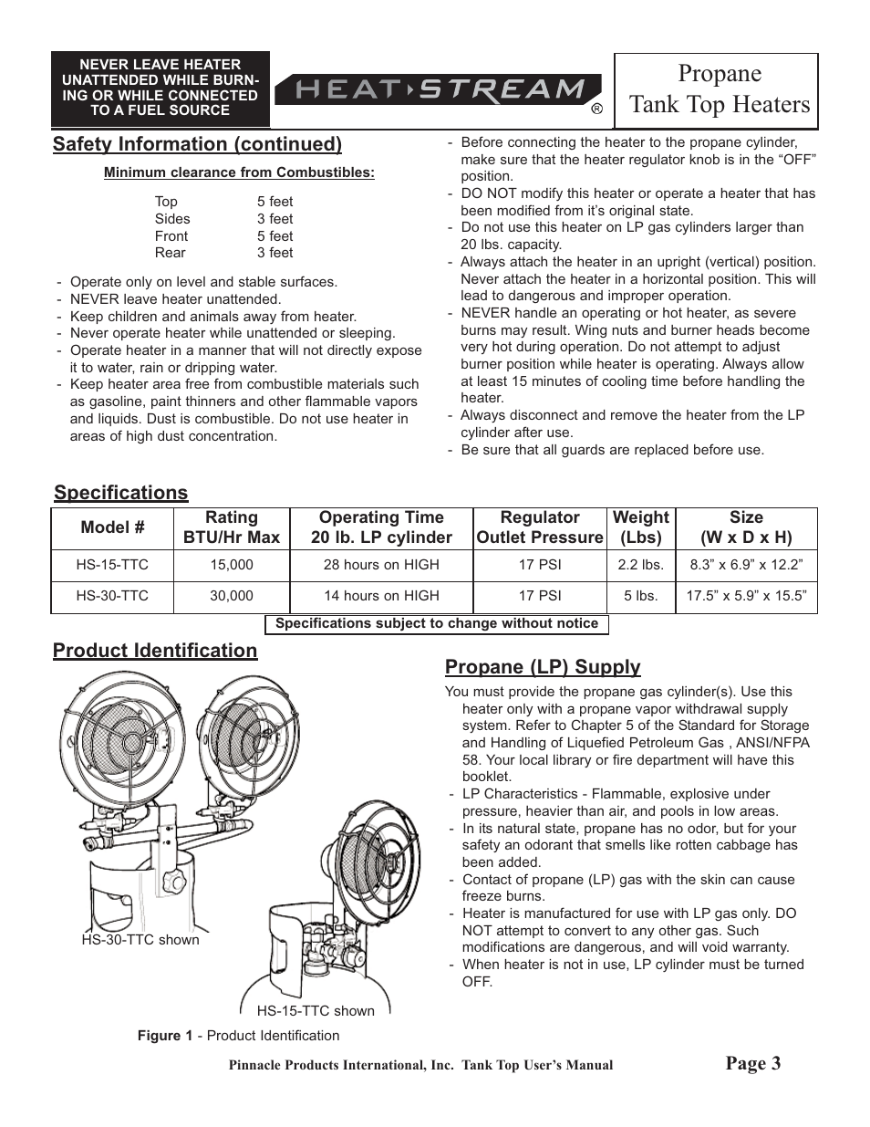 Propane tank top heaters, Propane (lp) supply, Page 3 | Safety information (continued), Product identification, Specifications | HeatStream HS-30-TTC User Manual | Page 3 / 24