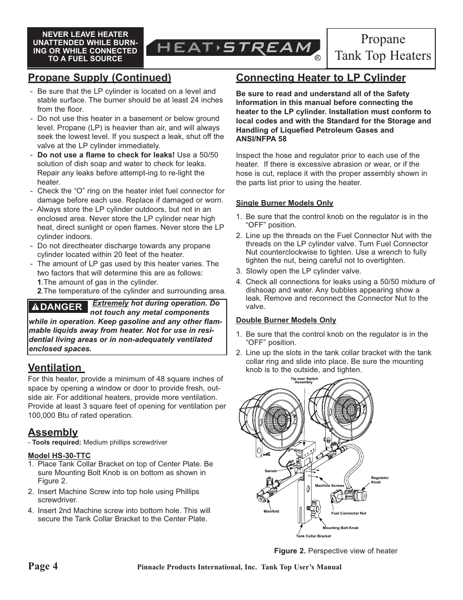 Propane tank top heaters, Propane supply (continued), Ventilation | Assembly, Connecting heater to lp cylinder, Page 4 | HeatStream HS-30-TTC User Manual | Page 4 / 24