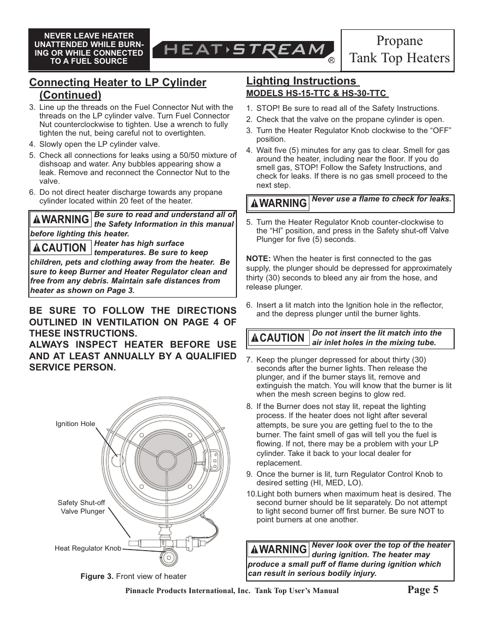 Propane tank top heaters, Warning, Caution | Caution warning, Lighting instructions, Page 5, Connecting heater to lp cylinder (continued) | HeatStream HS-30-TTC User Manual | Page 5 / 24