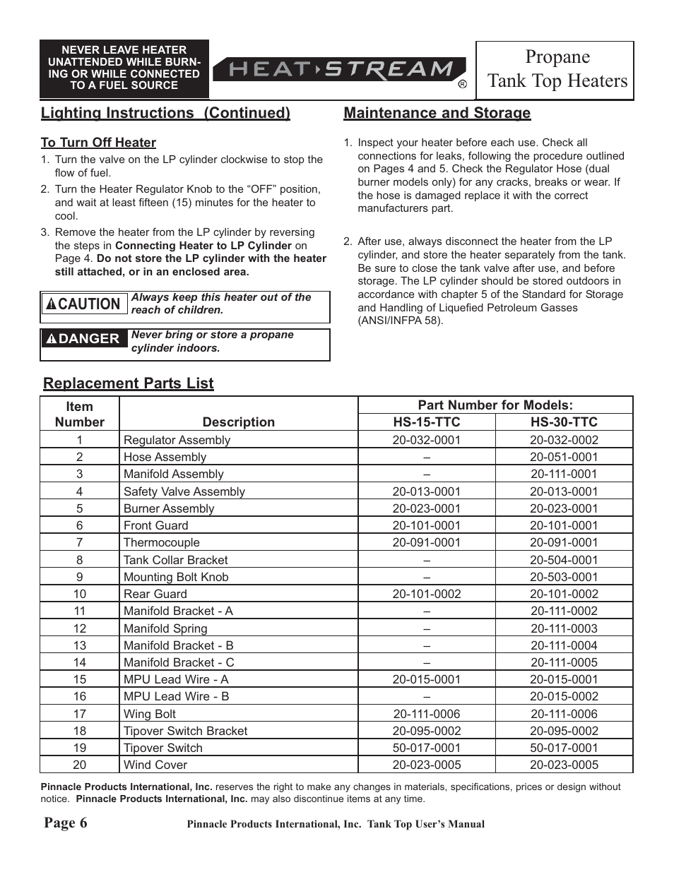 Propane tank top heaters, Caution, Lighting instructions (continued) | Maintenance and storage, Page 6, Replacement parts list | HeatStream HS-30-TTC User Manual | Page 6 / 24