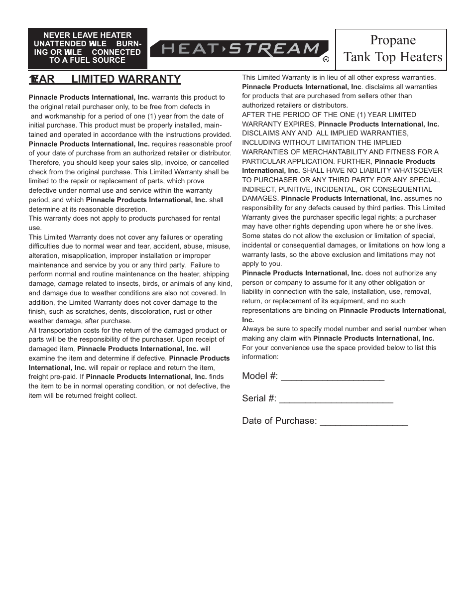 Propane tank top heaters, 1y ear limited warranty | HeatStream HS-30-TTC User Manual | Page 8 / 24