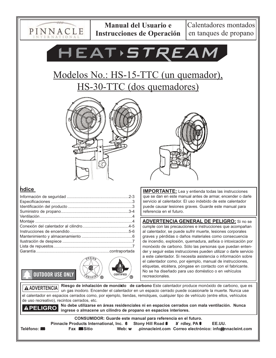 Outdoor use only, Advertencia, Índice | Peligro | HeatStream HS-30-TTC User Manual | Page 9 / 24
