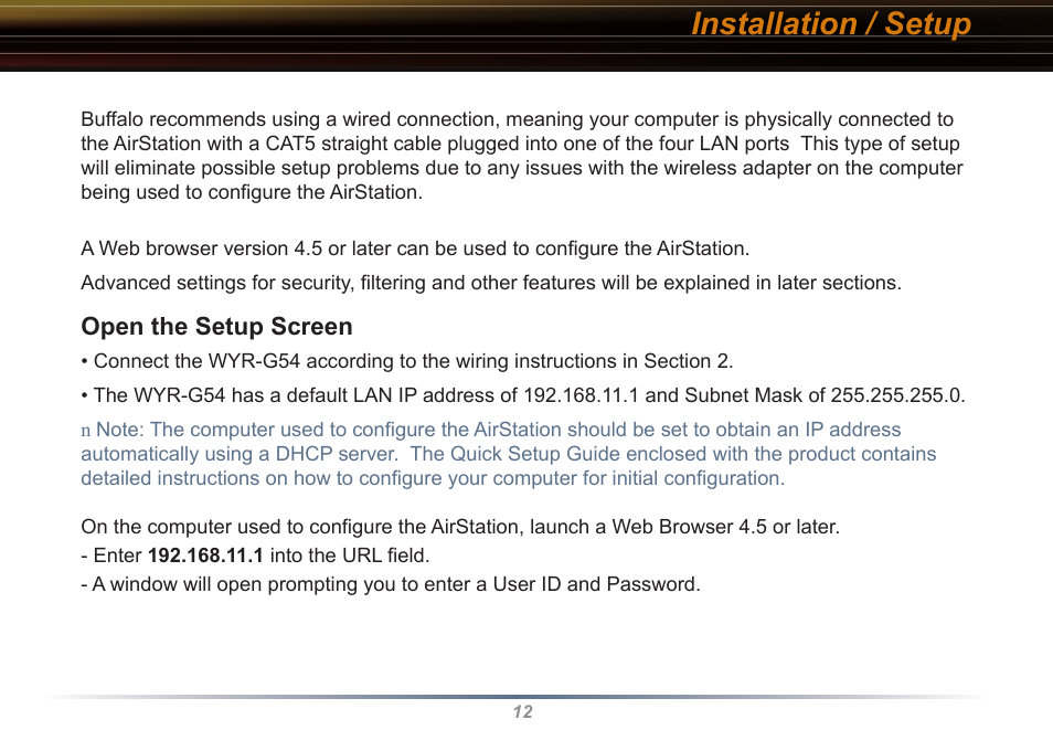 Installation / setup | Buffalo Technology WYR-G54 User Manual | Page 12 / 65