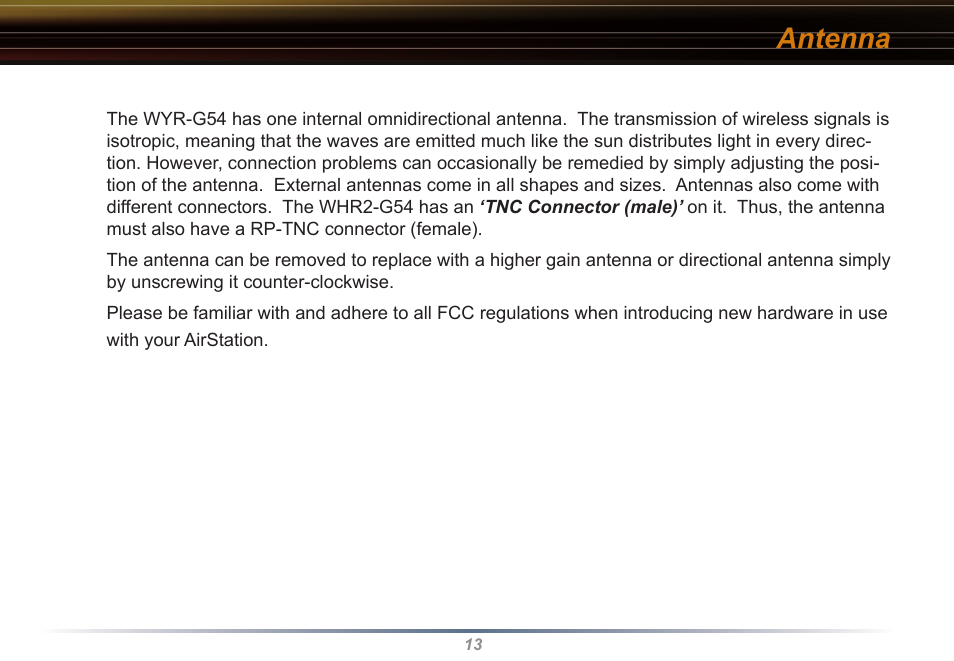 Antenna | Buffalo Technology WYR-G54 User Manual | Page 13 / 65