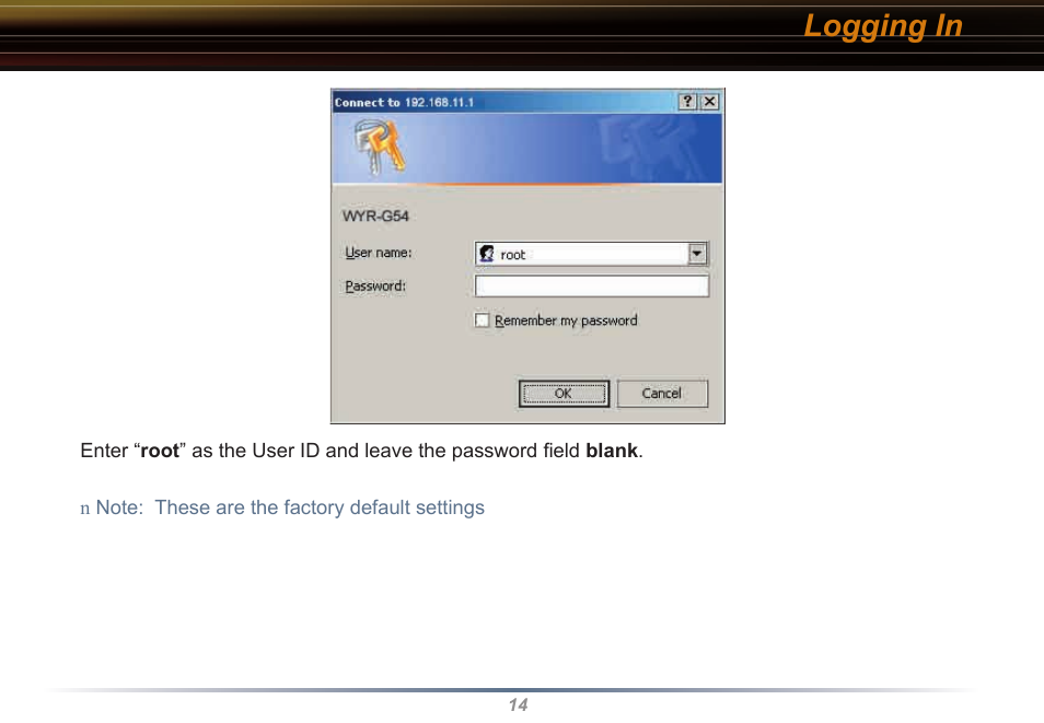 Logging in | Buffalo Technology WYR-G54 User Manual | Page 14 / 65