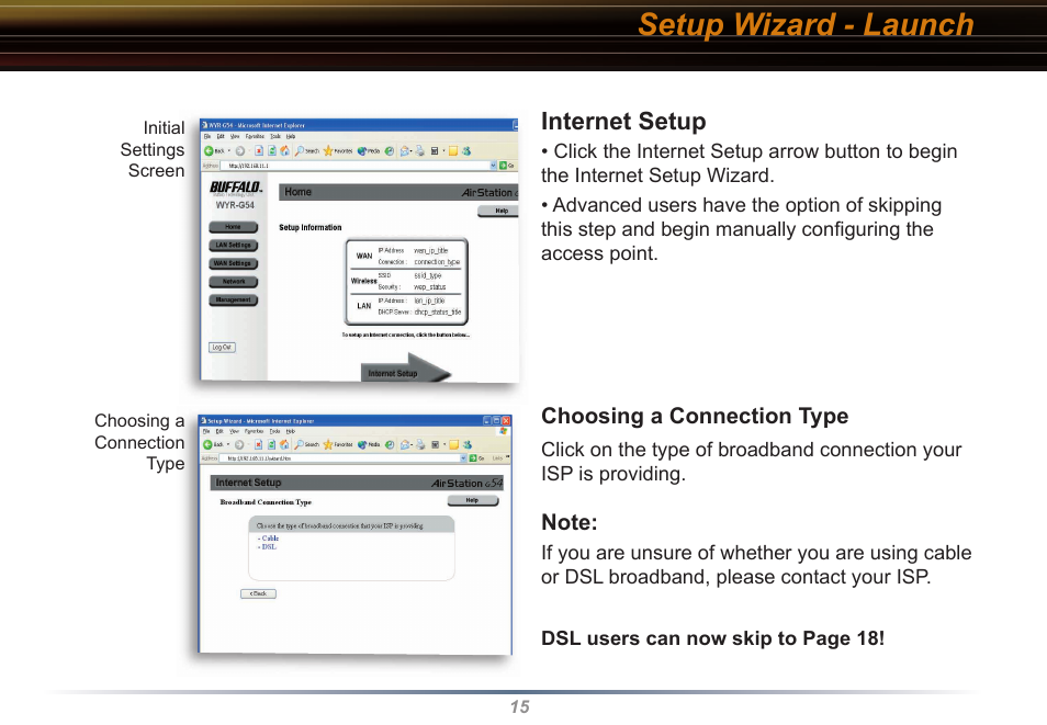 Setup wizard - launch, Internet setup | Buffalo Technology WYR-G54 User Manual | Page 15 / 65