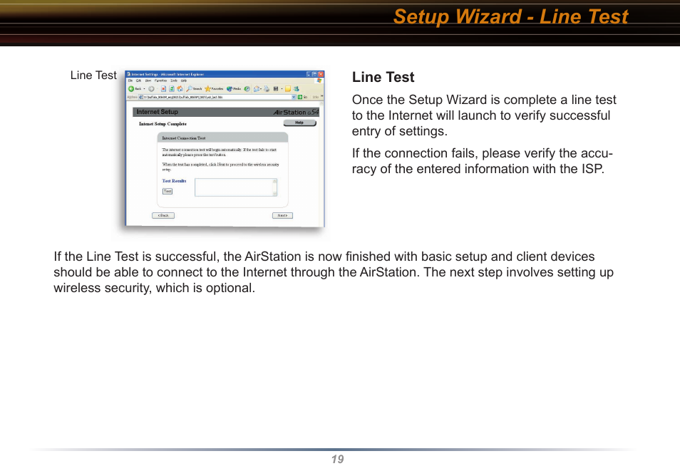 Setup wizard - line test | Buffalo Technology WYR-G54 User Manual | Page 19 / 65