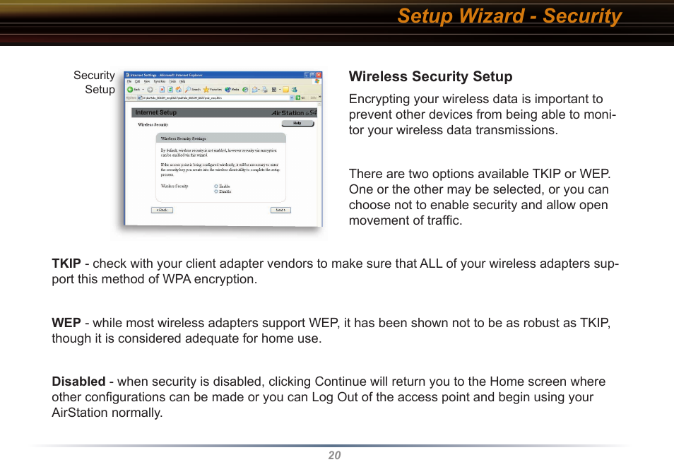 Setup wizard - security | Buffalo Technology WYR-G54 User Manual | Page 20 / 65