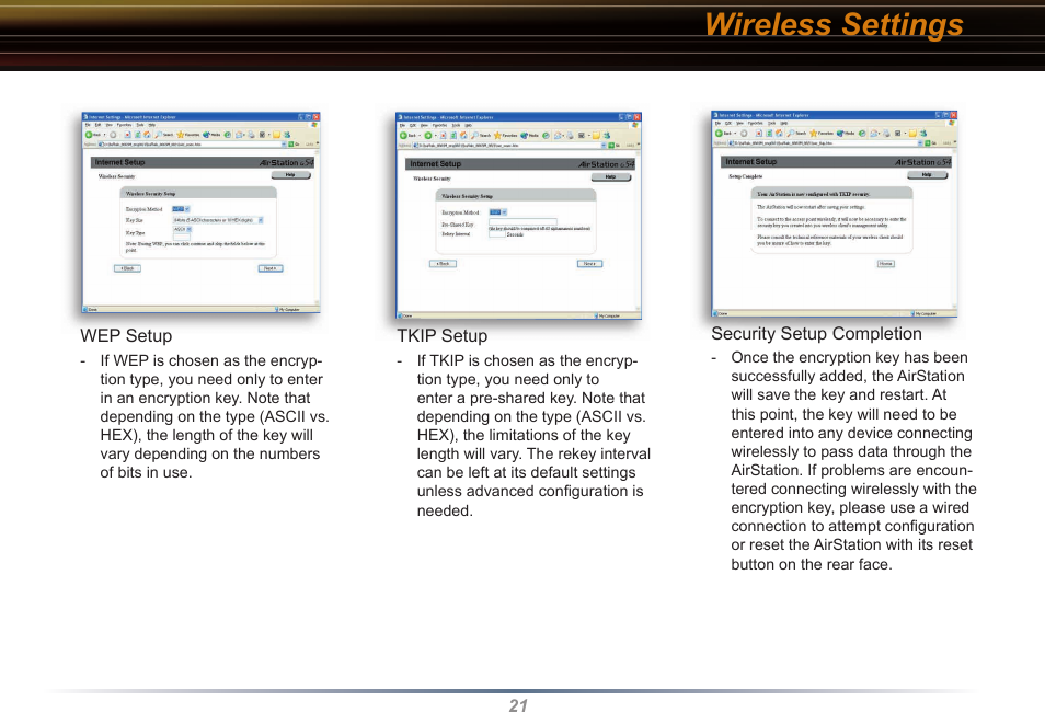 Wireless settings | Buffalo Technology WYR-G54 User Manual | Page 21 / 65