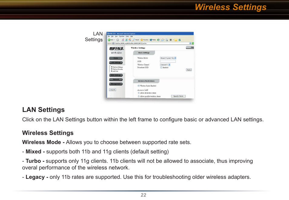 Wireless settings | Buffalo Technology WYR-G54 User Manual | Page 22 / 65