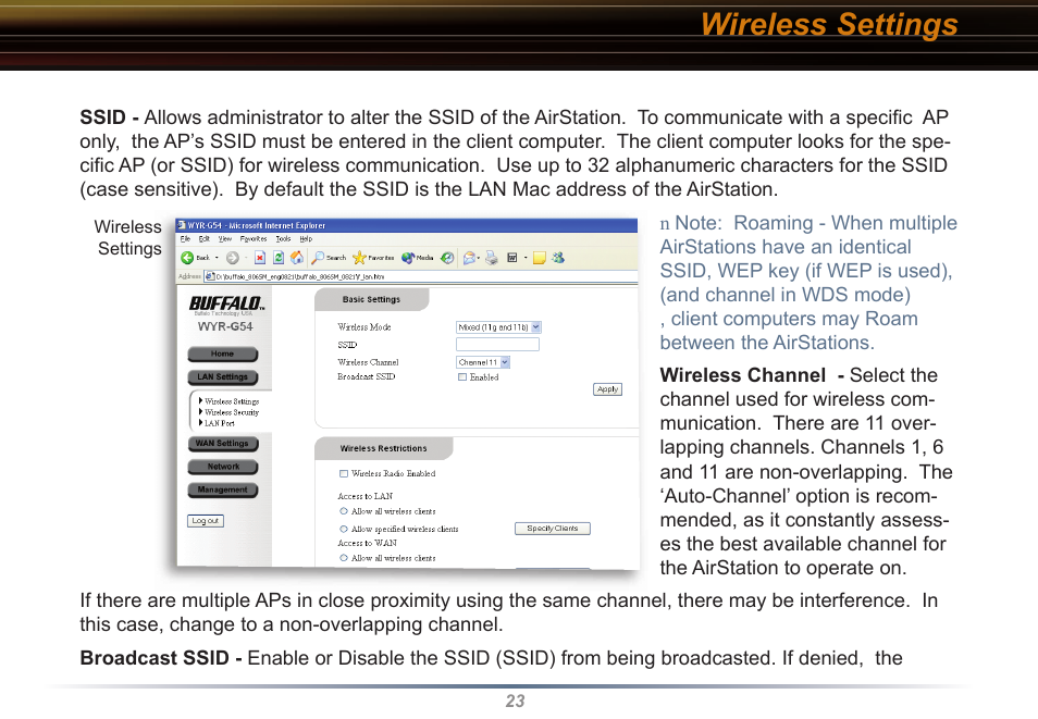 Wireless settings | Buffalo Technology WYR-G54 User Manual | Page 23 / 65