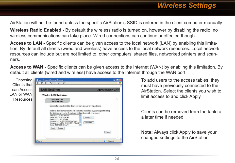 Wireless settings | Buffalo Technology WYR-G54 User Manual | Page 24 / 65