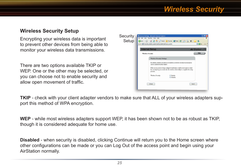 Wireless security | Buffalo Technology WYR-G54 User Manual | Page 25 / 65