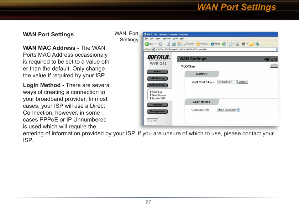 Wan port settings | Buffalo Technology WYR-G54 User Manual | Page 27 / 65