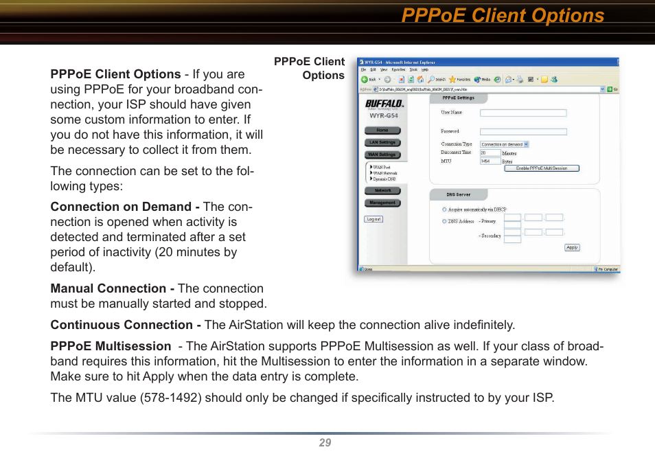 Pppoe client options | Buffalo Technology WYR-G54 User Manual | Page 29 / 65