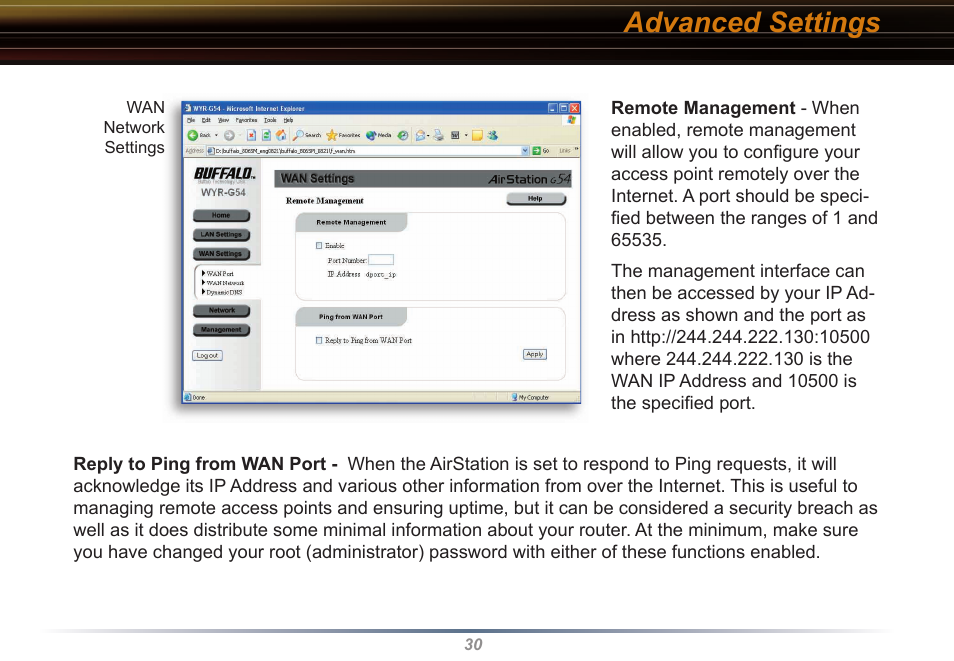 Advanced settings | Buffalo Technology WYR-G54 User Manual | Page 30 / 65