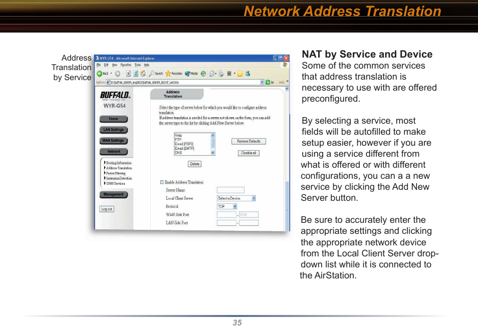 Network address translation | Buffalo Technology WYR-G54 User Manual | Page 35 / 65