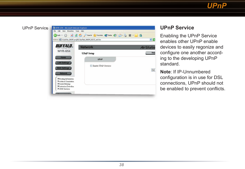 Upnp | Buffalo Technology WYR-G54 User Manual | Page 38 / 65