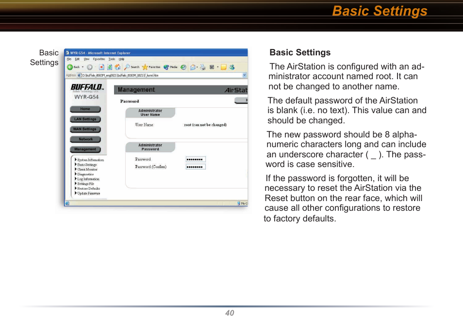 Basic settings | Buffalo Technology WYR-G54 User Manual | Page 40 / 65