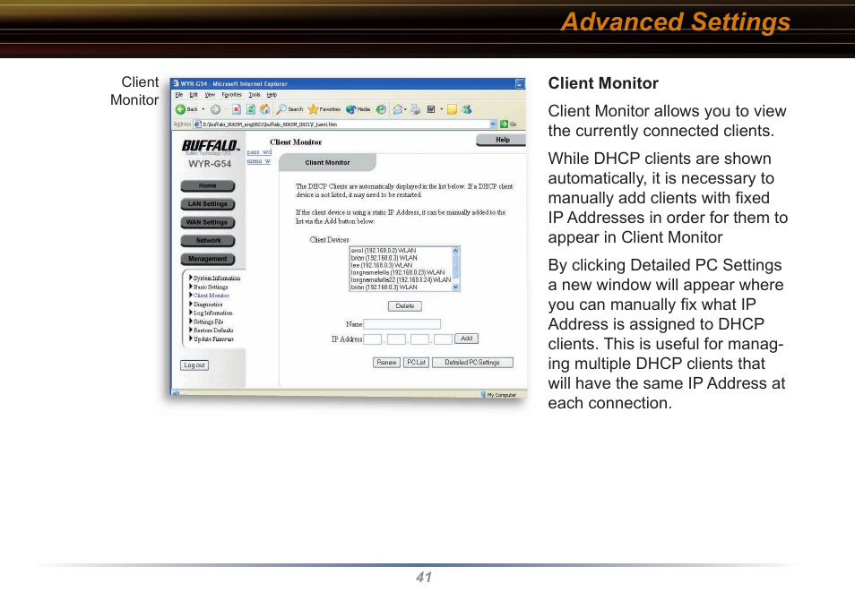 Advanced settings | Buffalo Technology WYR-G54 User Manual | Page 41 / 65