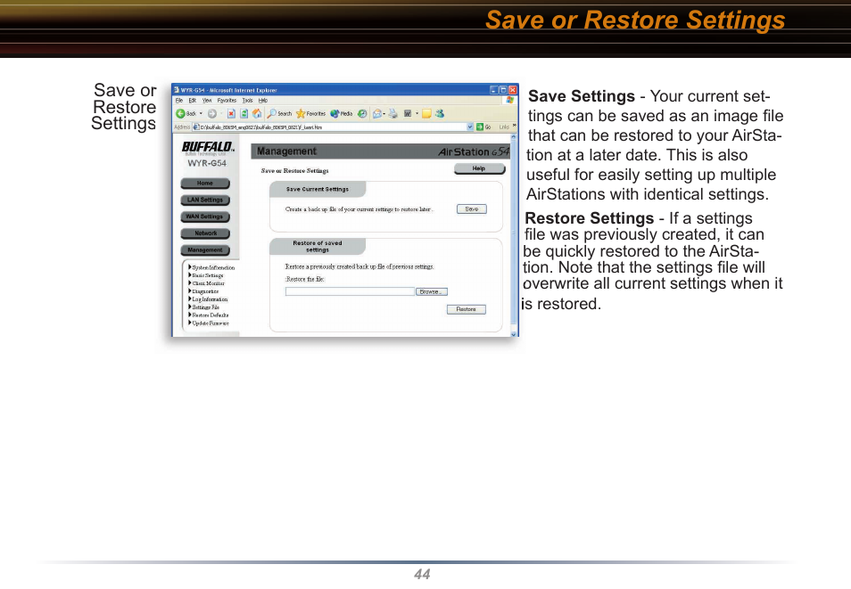 Save or restore settings | Buffalo Technology WYR-G54 User Manual | Page 44 / 65