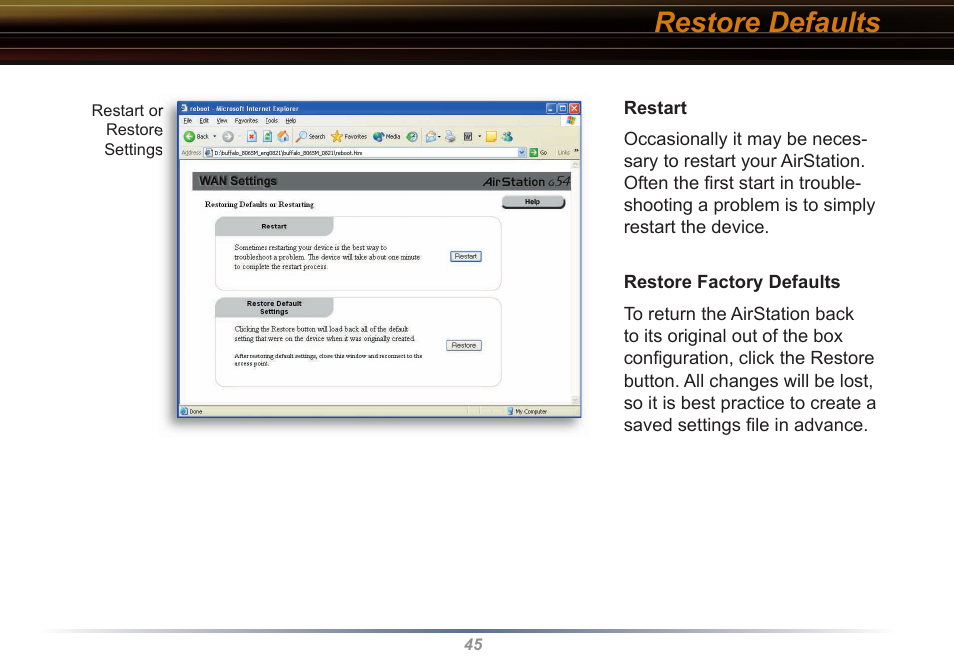 Restore defaults | Buffalo Technology WYR-G54 User Manual | Page 45 / 65