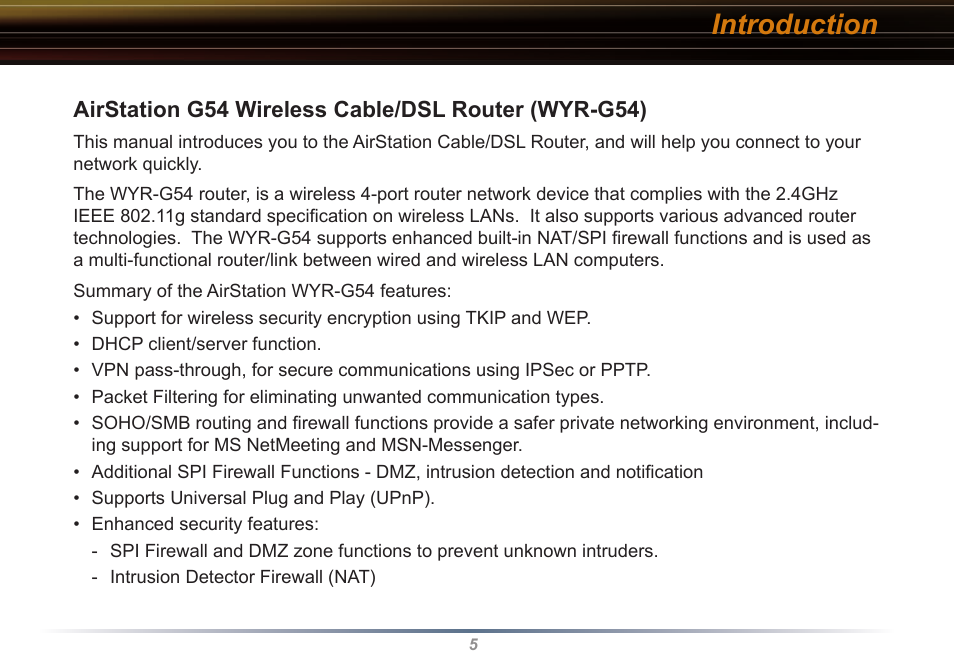 Introduction | Buffalo Technology WYR-G54 User Manual | Page 5 / 65