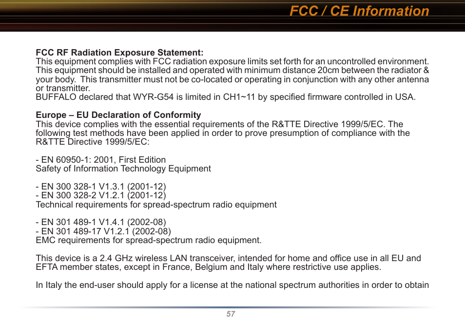 Fcc / ce information | Buffalo Technology WYR-G54 User Manual | Page 57 / 65