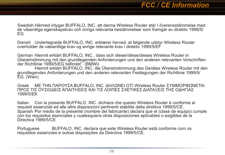 Fcc / ce information | Buffalo Technology WYR-G54 User Manual | Page 59 / 65