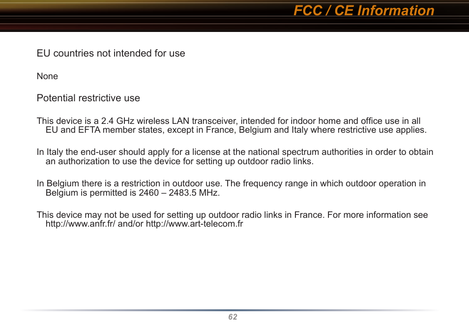 Fcc / ce information | Buffalo Technology WYR-G54 User Manual | Page 62 / 65