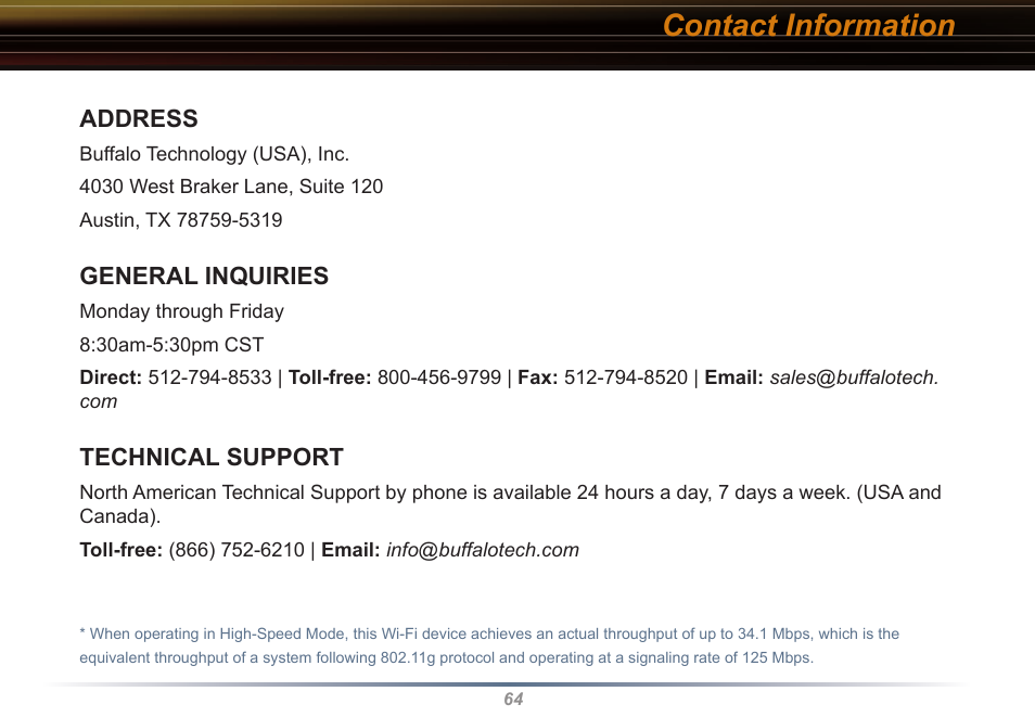 Contact information | Buffalo Technology WYR-G54 User Manual | Page 64 / 65