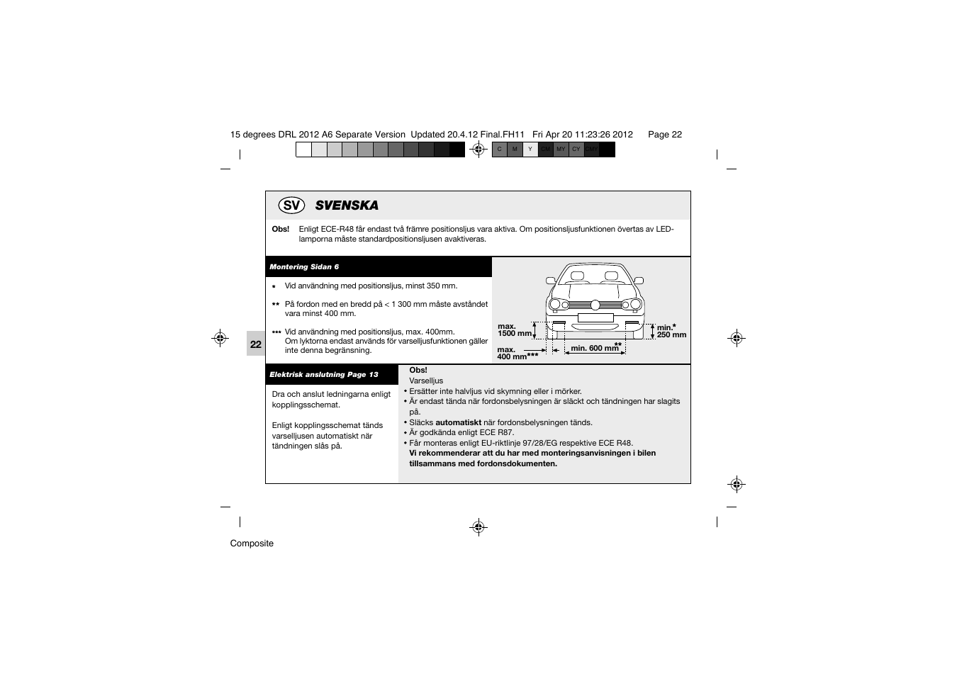 Sv svenska | Hella 15° DRL User Manual | Page 22 / 28