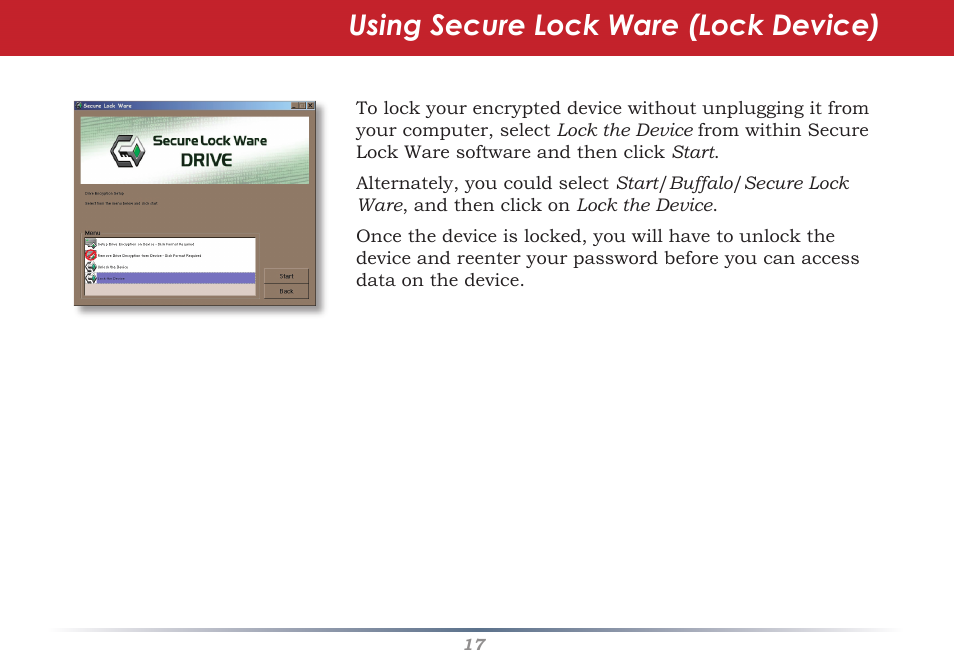 Using secure lock ware (lock device) | Buffalo Technology Secure Lock Ware User Manual | Page 17 / 26
